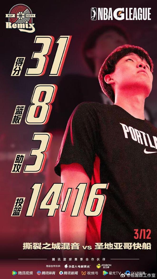 杨瀚森G联盟砍31分创个人新高 混音惜败快船